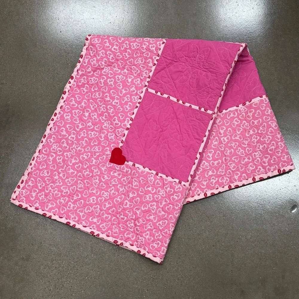 Y2K Style Handmade Twin Quilt Pink Orange Red Flying Geese Hearts 60x96